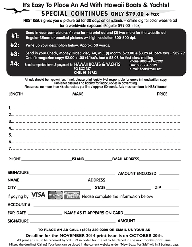 Place an ad with Hawaii Boats & Yachts! FSBO Form